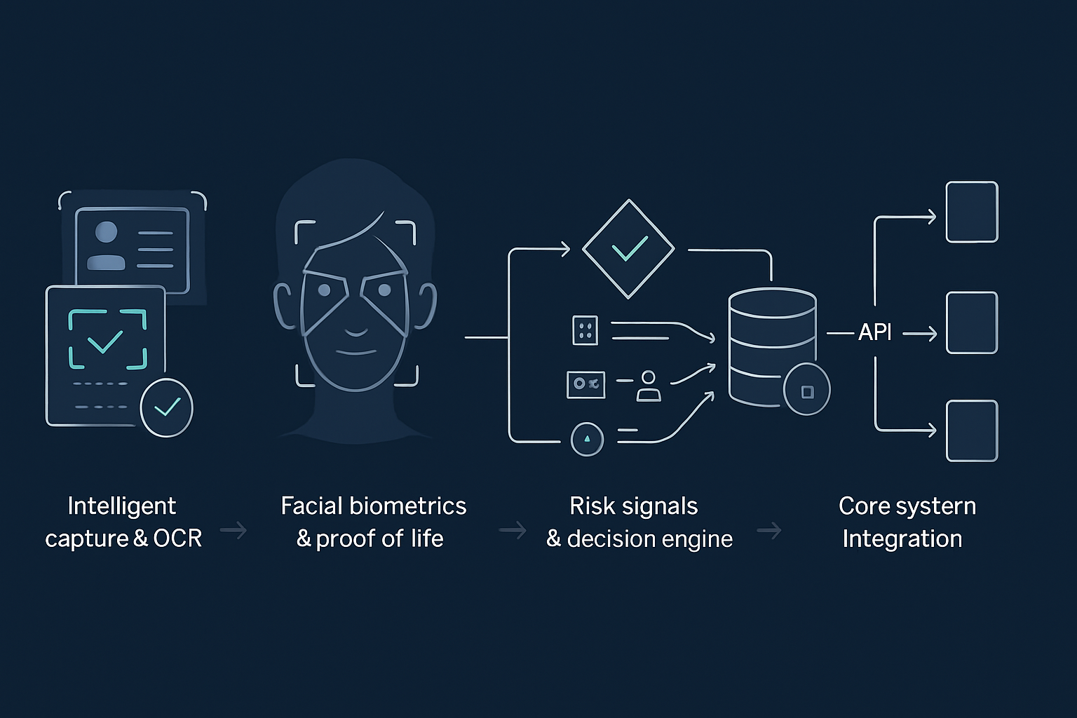 Create a clean professional and technical visual diagram  infographic that explains a realtime antifraud identity verification flowThe image must NOT-1
