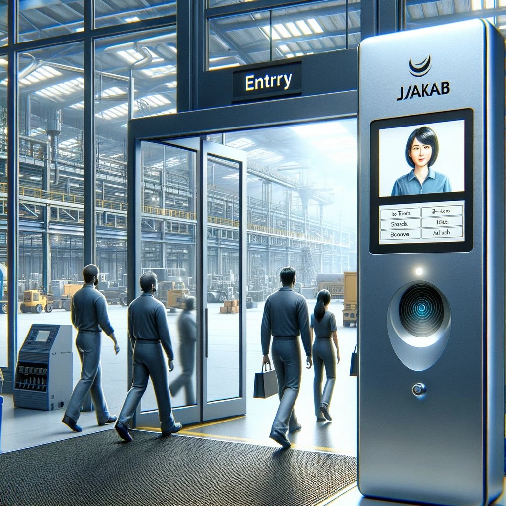 DALL·E 2024-03-14 15.14.27 - A detailed depiction of a manufacturing plant entrance, where employees are seamlessly entering the facility using JAAKs advanced facial recognition 