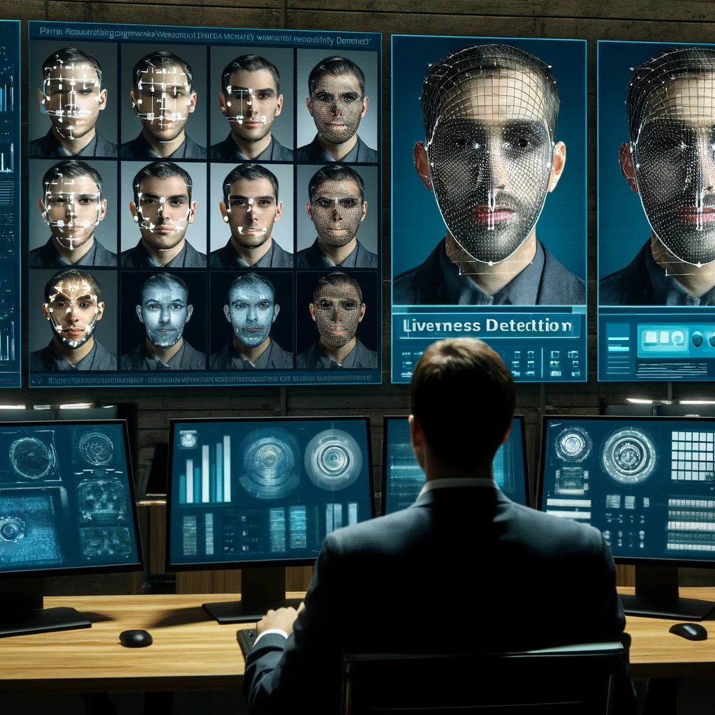 DALL·E 2024-04-25 14.22.29 - An image depicting a security officer monitoring multiple screens at a banks security center, each displaying different stages of facial recognition 