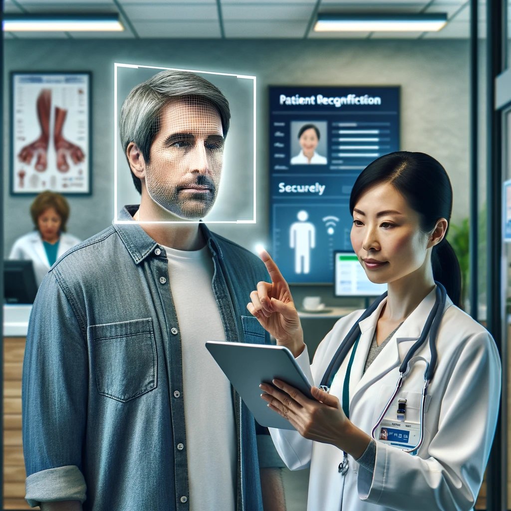 DALL·E 2024-05-17 16.47.41 - A hospital scene showcasing facial recognition technology used for patient identification. The setting is a modern hospital reception with a nurse usi